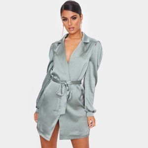 NEW Sage Green Satin Long Balloon Sleeve Blazer Dress